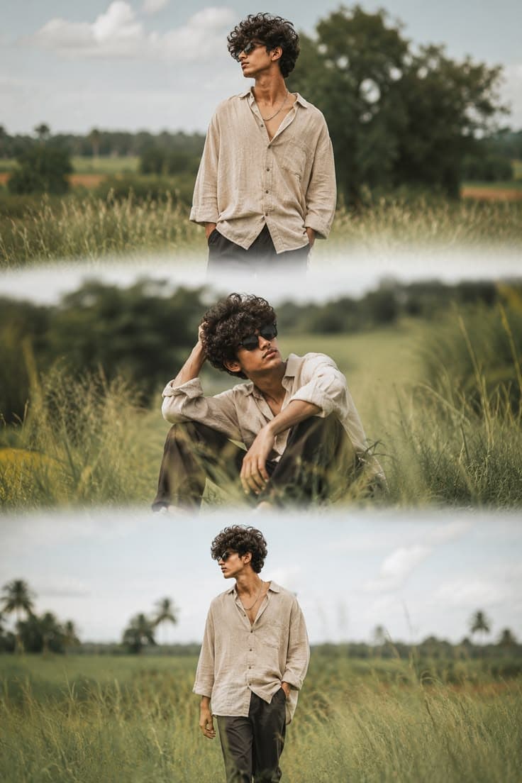 Dreamy Cinematic Triptych Field Portrait Prompt (Soft Aesthetic Style)